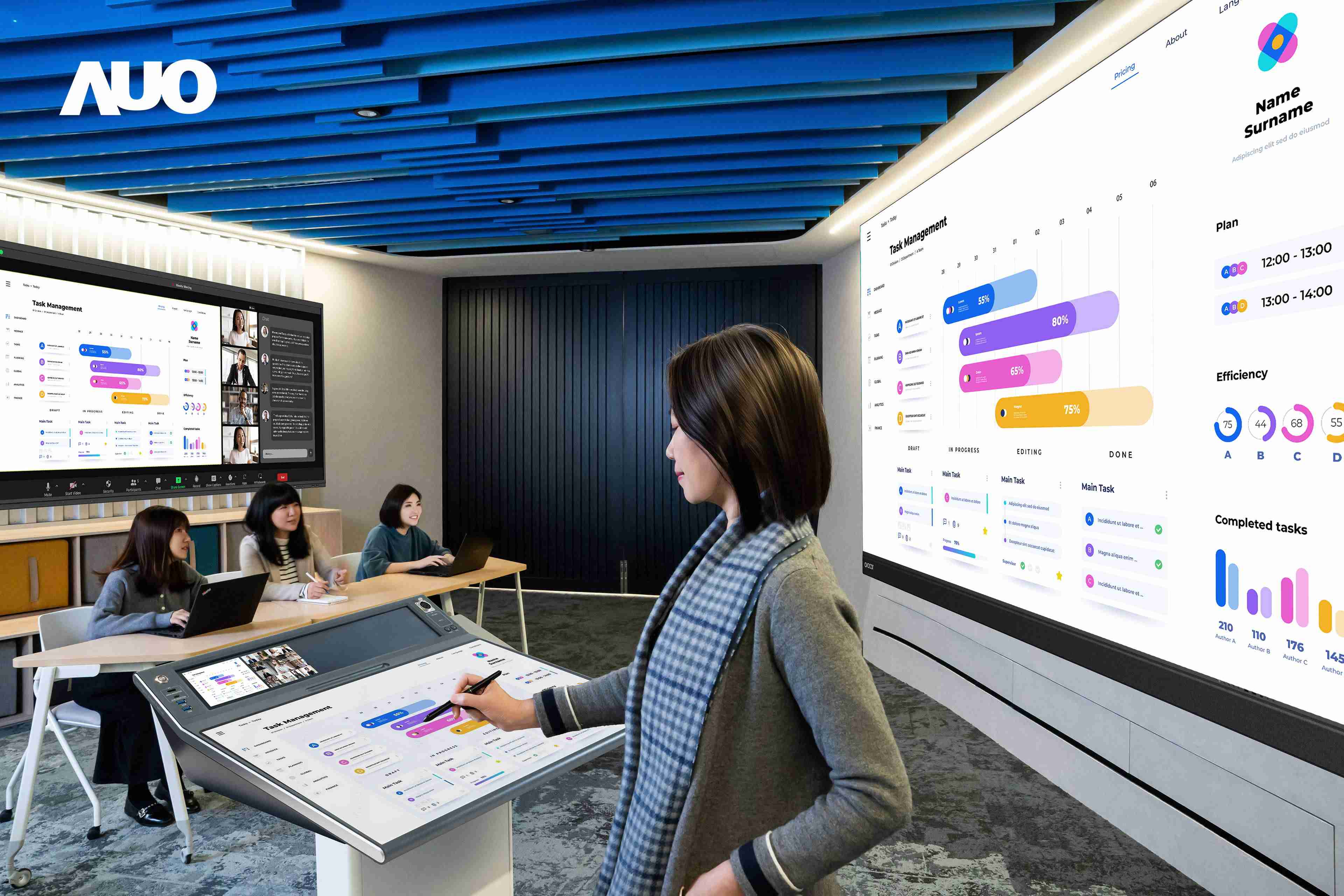 达擎携手Avocor与Rise Vision展示全方位商务领域应用，，，包含采用模块化设计的138吋一体式All-in-One LED显示器及具21:9超宽比例的92吋交互式电子白板（IFPD），，，，讲者可轻松分享内容，，有效提升会议协作效率。。。